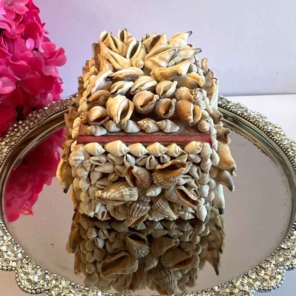 Best! Seashell trinket box; tramp art, souvenir shell box must see